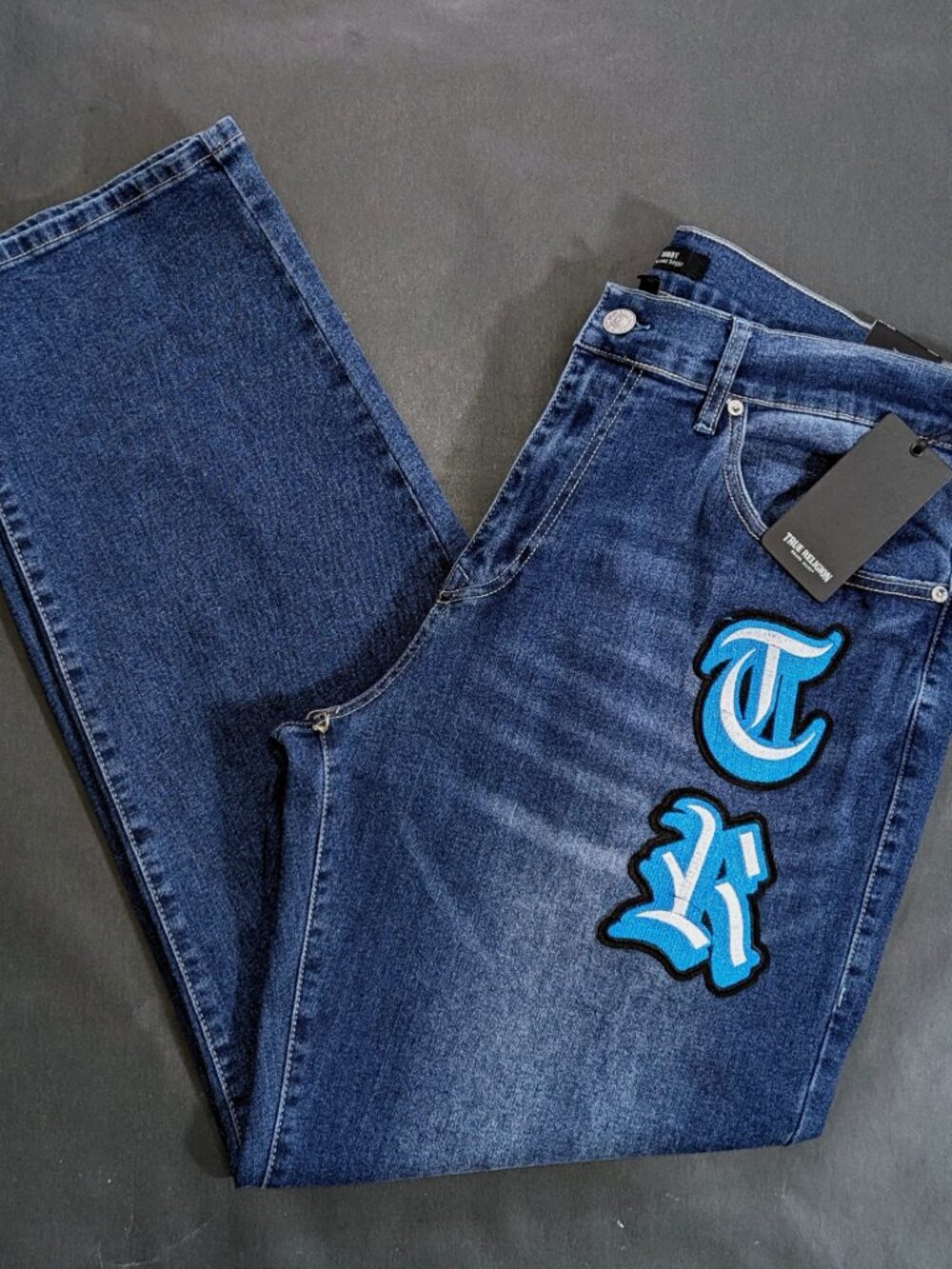 True Religion Bobby Applique Relaxed Baggy Jeans Mens 36x32 Medium Blaze Wash